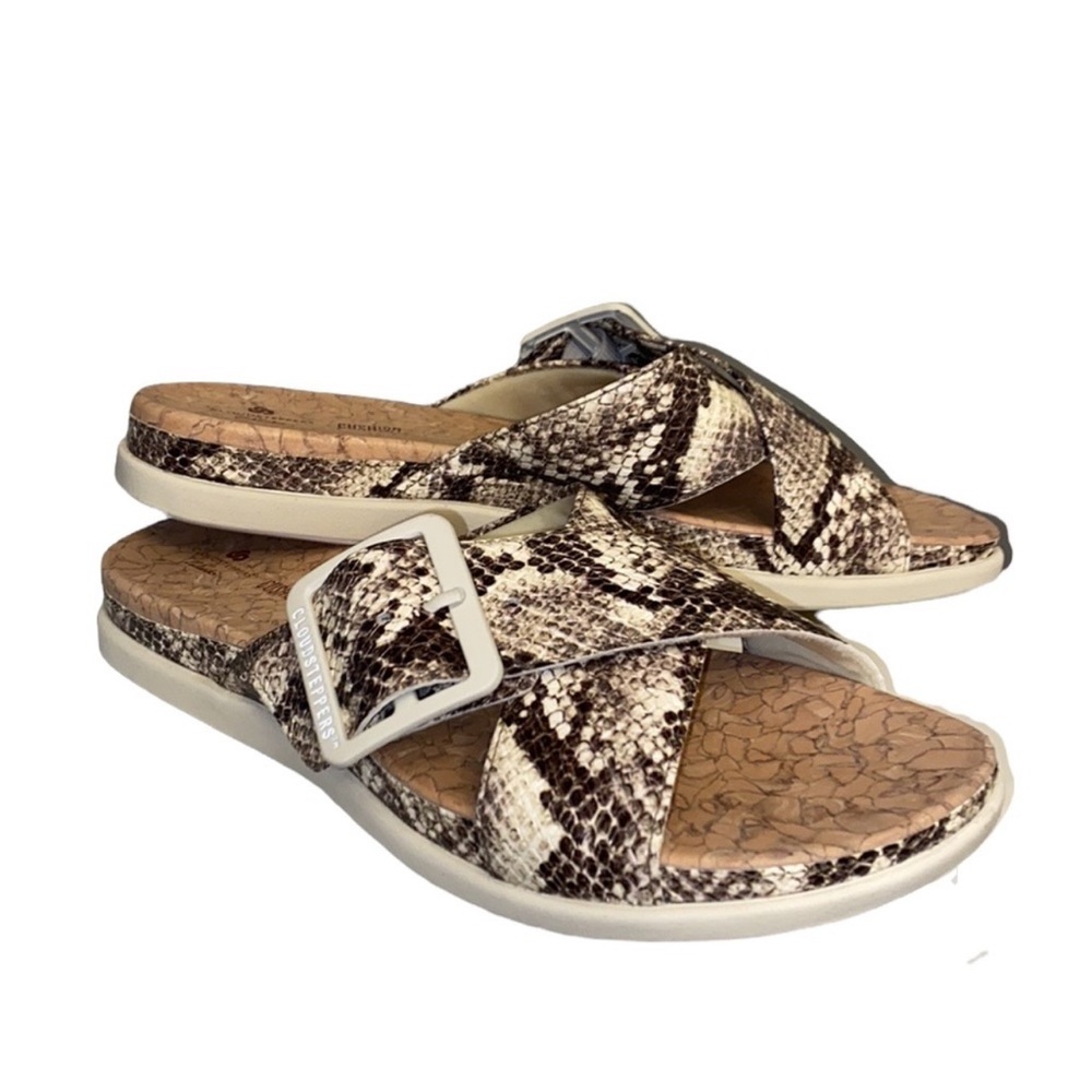 Clarks Tan and Brown Sandals with Silver Buckle